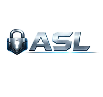Logotipo contemporáneo de ASL con escudo y candado metálico